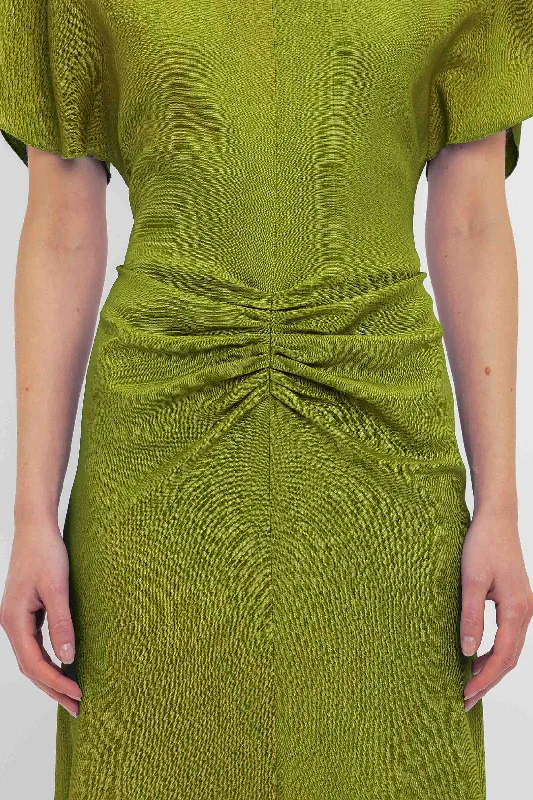 Gathered Waist Midi Dress In Parrot Green