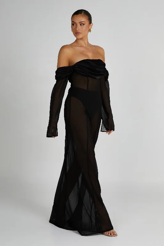 Ivanna Off Shoulder Chiffon Maxi Dress - Black