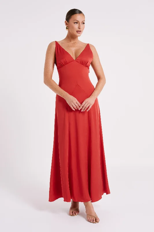 Kamala Low Back Satin Maxi Dress - Red