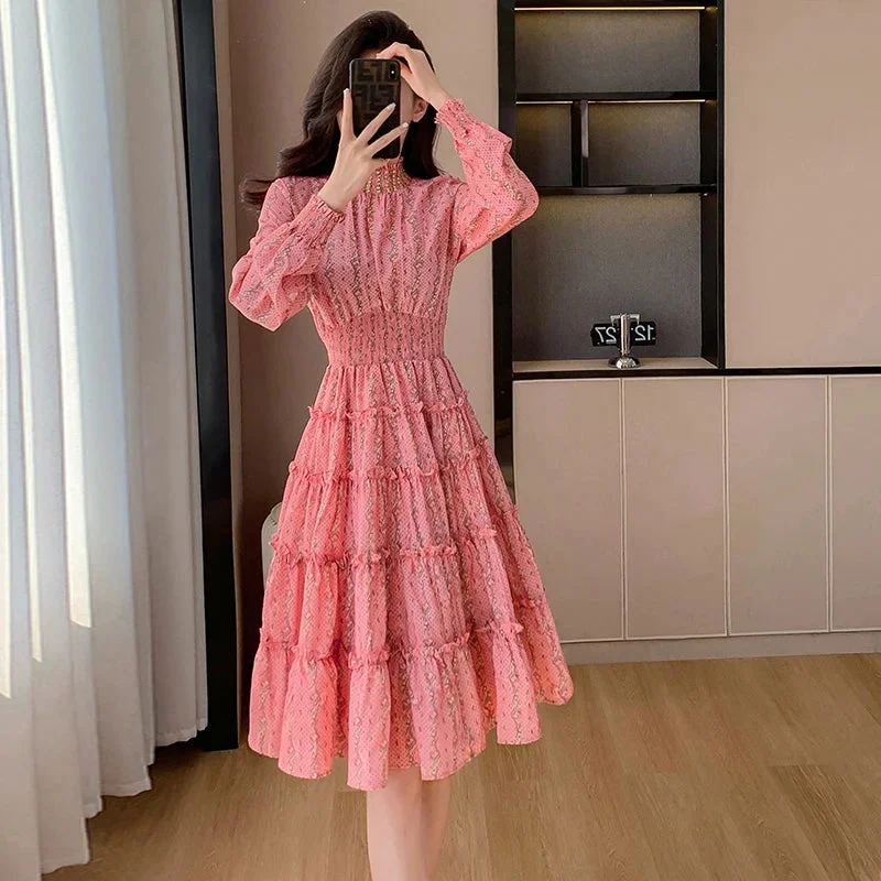 Lunivop 2024 Spring New Wood Ear Lace Collar Nail Flare Sleeve Diamond Fold Waist Cake Dress Fashion Elegant Floral Dress Women Vestidos