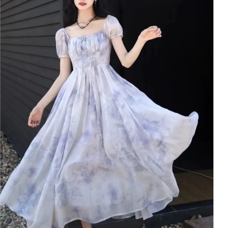 Lunivop Summer Fashion Print Short Sleeve Women Fairy Elagant Dress Vintage Holiday Purple Lace-up Birthday Evening Party Vestidos