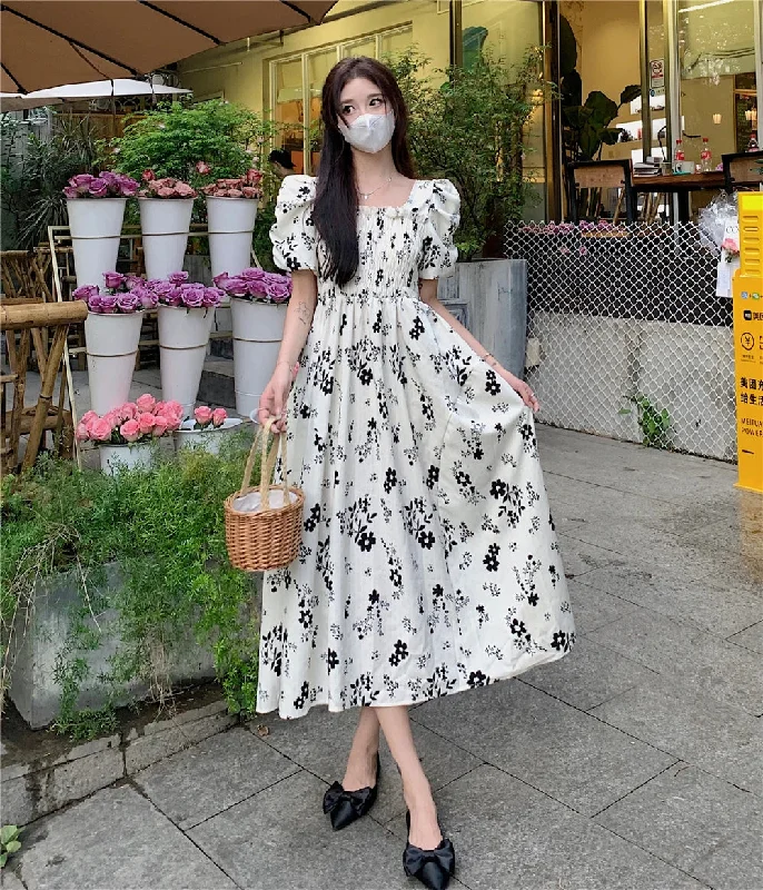 Lunivop Summer Pleated Women Chiffon Dresses Casual Beach Holiday Short Sleeve Square Collar Woman Midi Dress Bohemian Mujer Vestidos