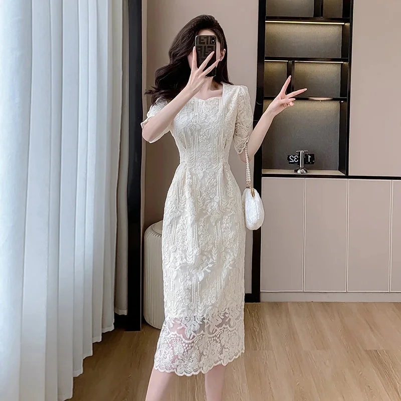 Lunivop Summer White Lace Hook Flower Hollow Midi Dress Women Fashion Chic Luxury Party Evening Dress 2024 Korean Vintage Festival Dress