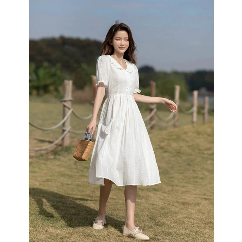 Lunivop Women's White Jacquard Little White Dress Summer French Style Hepburn Style Collection Midi Length Dress