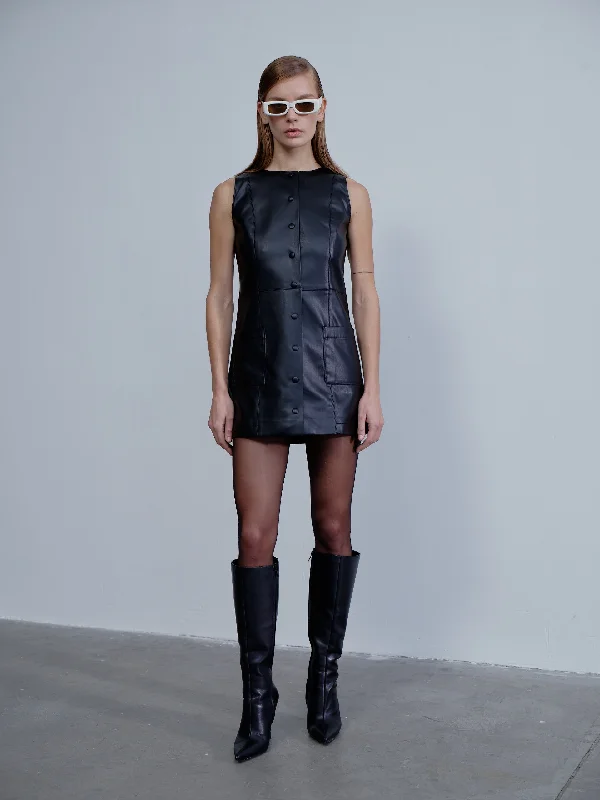 Odette Vegan Leather Mini Dress in Noire