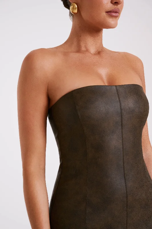 Pamela Faux Leather Mini Dress - Vintage Chocolate