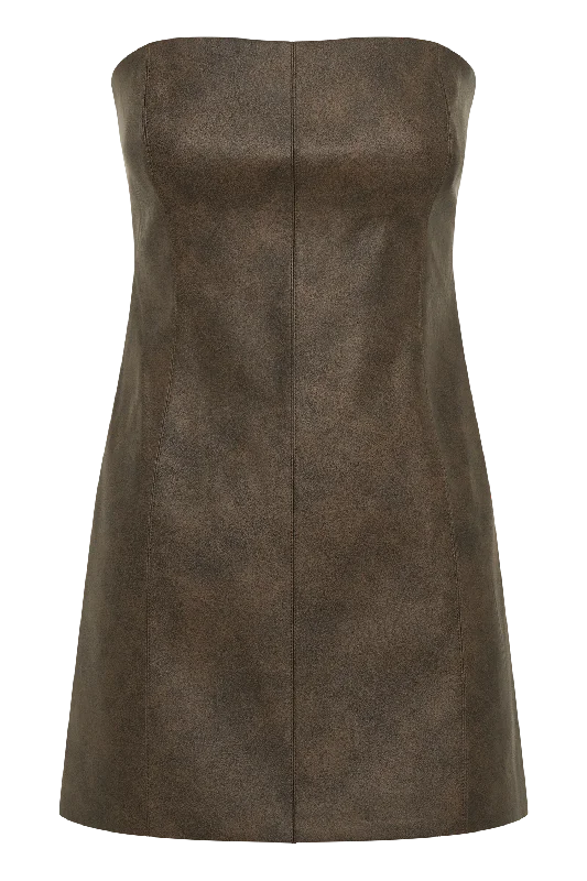 Pamela Faux Leather Mini Dress - Vintage Chocolate