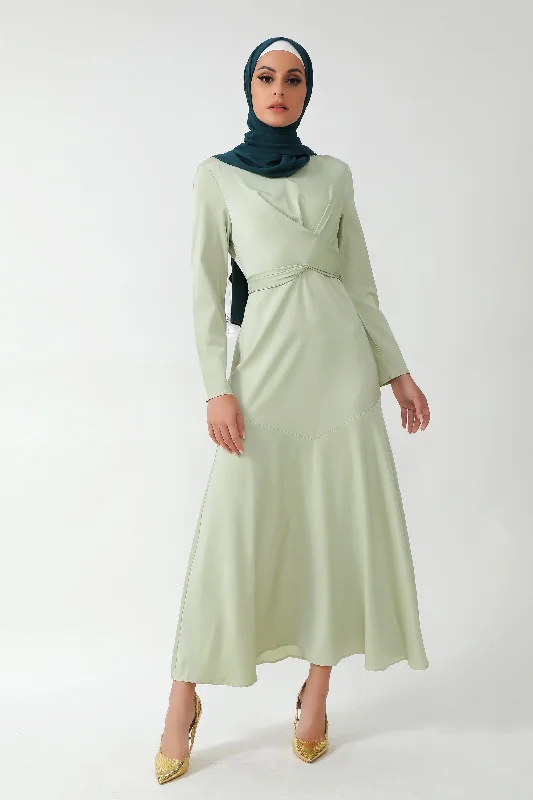 Sage Green Criss Cross Satin Long Sleeve Maxi Dress-CLEARANCE