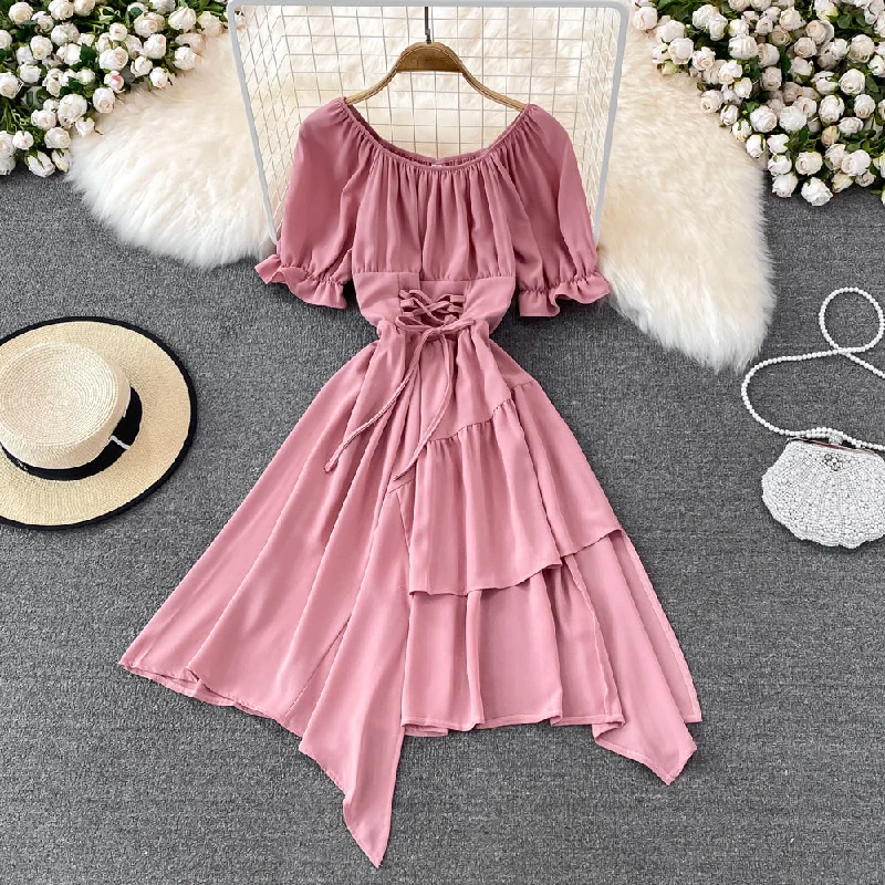 Simple Lace-Up Dress With Irregular Dress  10738