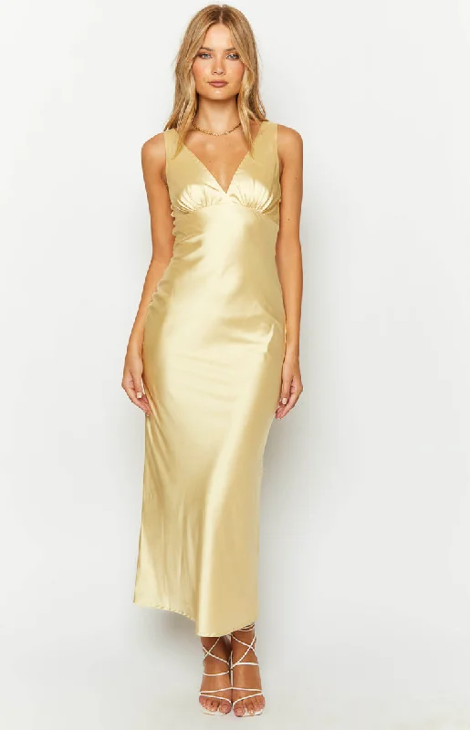 Verlaine Yellow Satin Maxi Dress