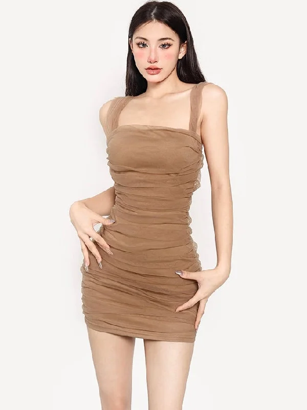 Violet Solid Color Khaki Square Neck Ruched Mesh Slim Mini Dress