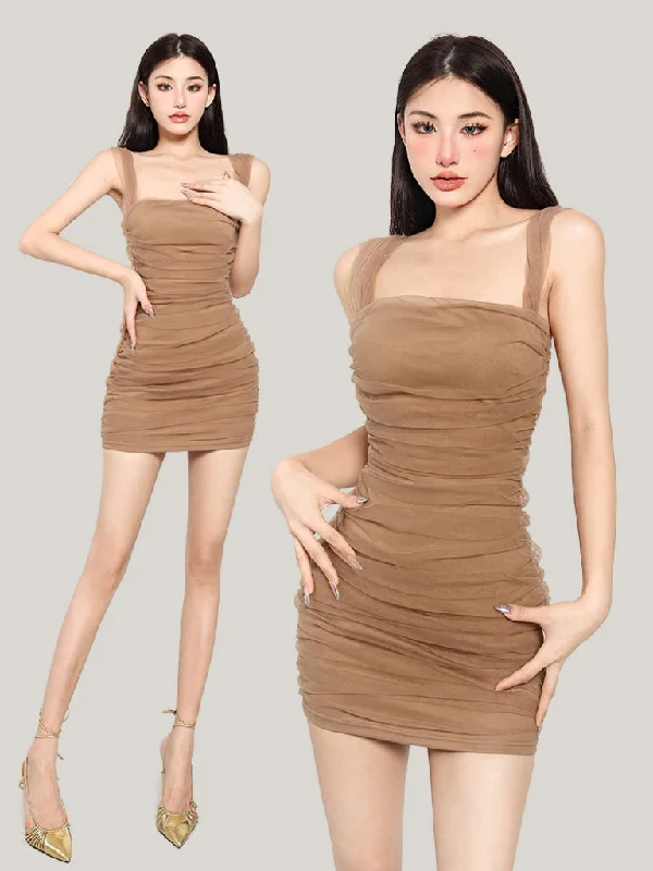 Violet Solid Color Khaki Square Neck Ruched Mesh Slim Mini Dress