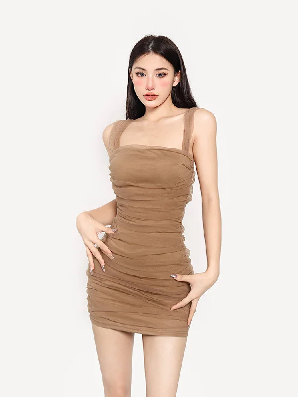 Violet Solid Color Khaki Square Neck Ruched Mesh Slim Mini Dress