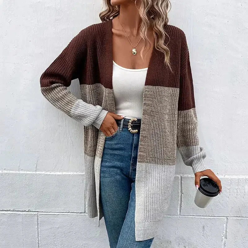 Fashion Women’s Autumn and Winter New Long-Sleeved Color-Blocking Long Sweater Cardigan