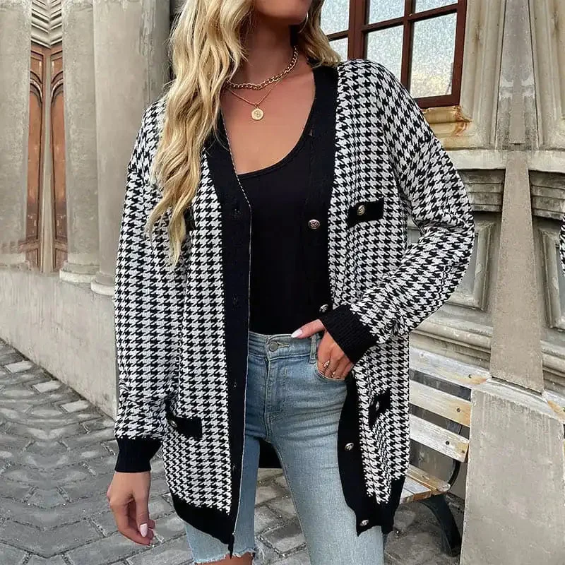 Women’s Fashion Coat Long Sleeve Houndstooth Sweater Cardigan Mid Length