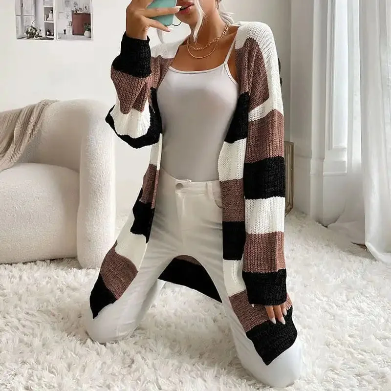 Women’s Fashion New Arrival Long Buttonless Colorblock Sweater Jacket