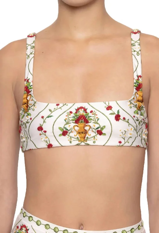 Havana Remedios Hand Embroidered Bikini Top In Off White-Red-Green