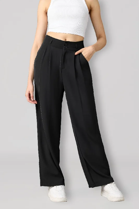 Classic Pleated Wide Leg Korean Pants - Black