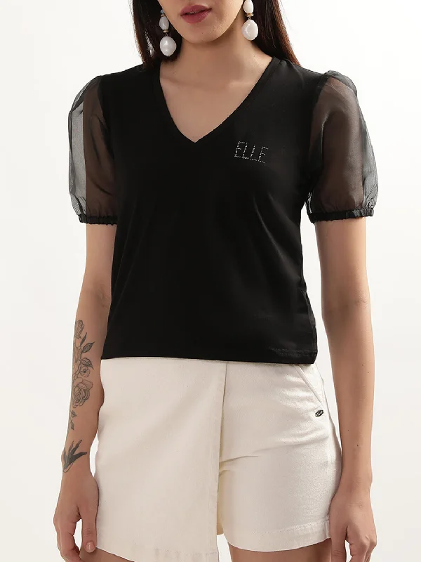 Elle Women Black Solid V Neck TShirt