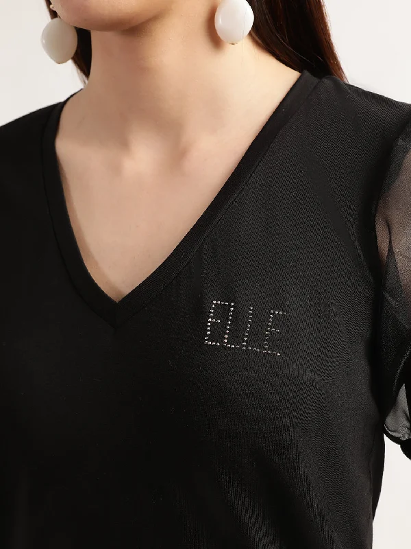 Elle Women Black Solid V Neck TShirt