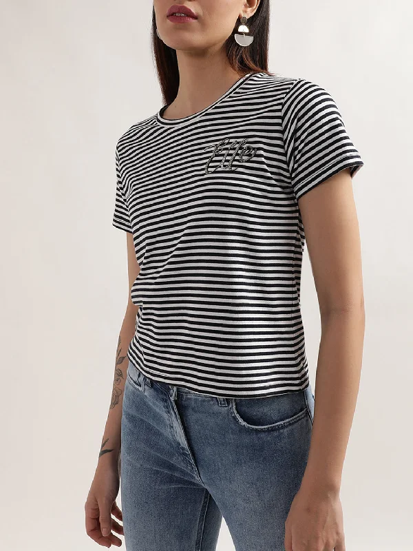 Elle Women Black Striped Round Neck TShirt