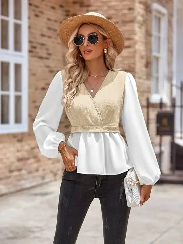 New women’s casual solid color V-neck stitching long-sleeved top