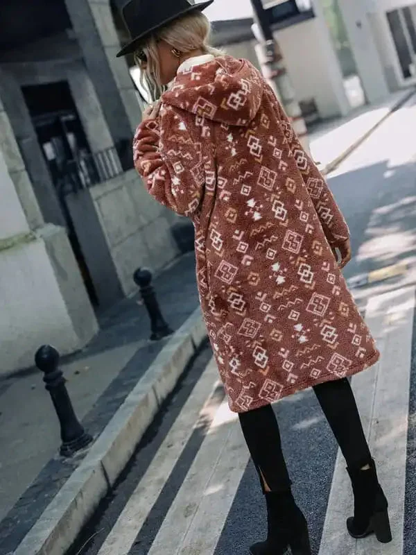 New women’s hooded long-sleeved geometric print single-breasted extra-long regular plush jacket