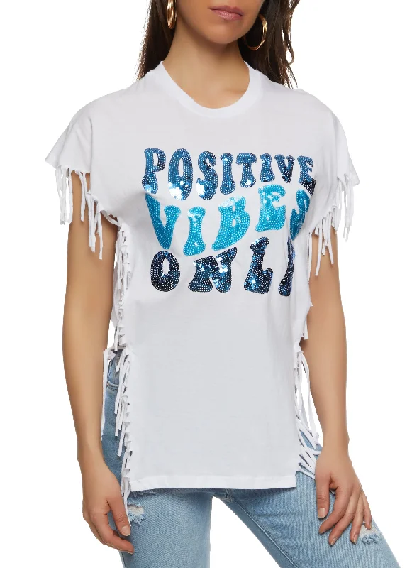 Positive Vibes Only Sequin Fringe Graphic Top