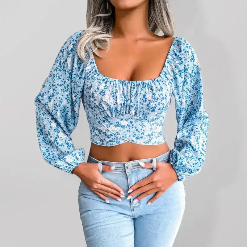 Women’s Floral Puff Sleeve Linen Crop Top