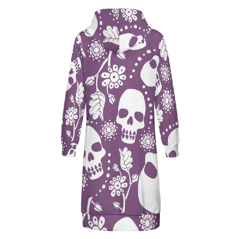 Women's Purple White Skulls Full Print Long Hoodie