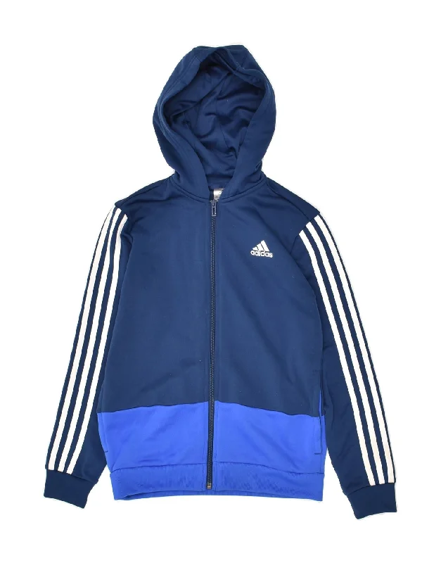 ADIDAS Boys Climalite Zip Hoodie Sweater 11-12 Years Navy Blue Colourblock