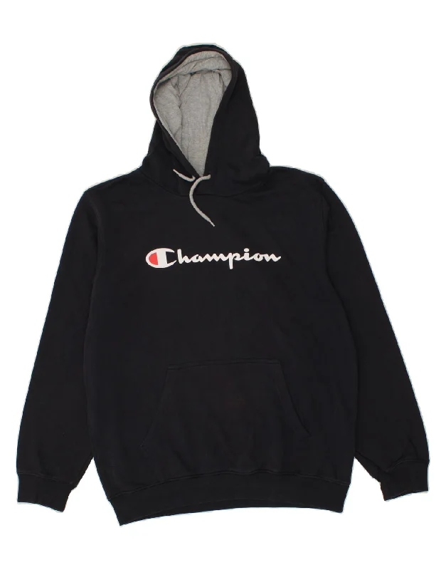 CHAMPION Mens Graphic Hoodie Jumper XL Navy Blue Cotton