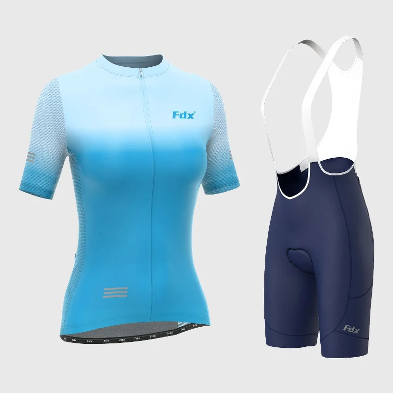 Fdx Women's & Girl's Set Duo Blue Short Sleeve Cycling Jersey, Cargo Bib Shorts