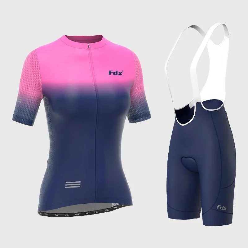 Fdx Women's & Girl's Set Duo Pink / Blue Short Sleeve Cycling Jersey, Cargo Bib Shorts