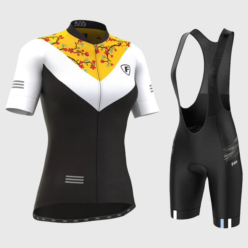 Fdx Women's & Girl's Set Velos Yellow Short Sleeve Summer Cycling Jersey & Cargo Bib Shorts