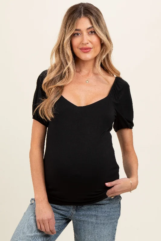 Black Short Puff Sleeve V-Neck Maternity Top