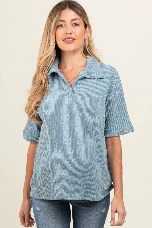 Blue Ribbed Collared Maternity Top