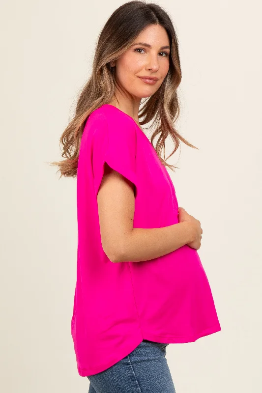 Fuchsia V-Neck Pocket Short Sleeve Maternity Shirt