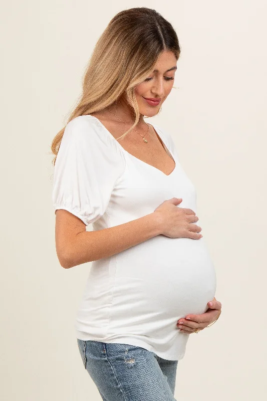 Ivory Short Puff Sleeve V-Neck Maternity Top