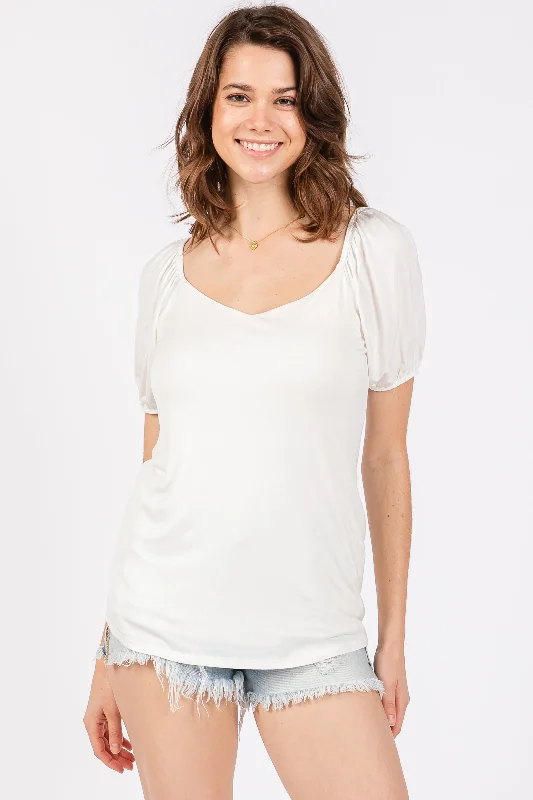 Ivory Short Puff Sleeve V-Neck Maternity Top