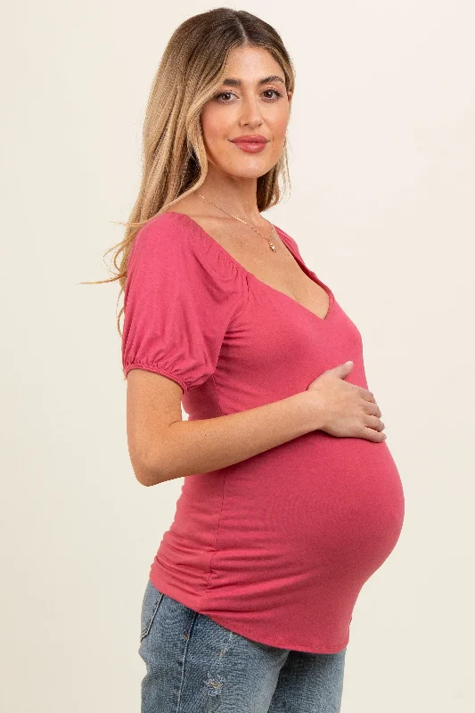 Magenta Short Puff Sleeve V-Neck Maternity Top