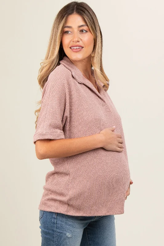 Mocha Ribbed Collared Maternity Top