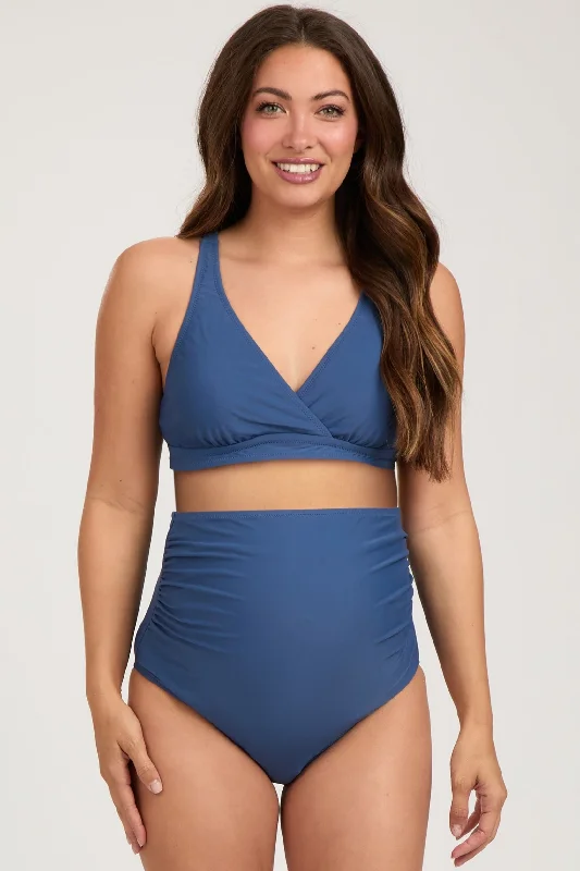 Blue High Waist Maternity Bikini Set Reversible bikini, Two looks, Stylish, Comfortable