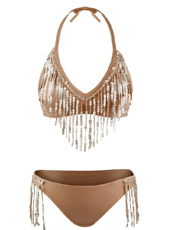 Champagne Halter Shiny Tassel Two Piece Beach Bikini Set Crochet bikini set, Boho, Sexy, Trendy Champagne Halter Shiny Tassel Two Piece Beach Bikini Set Crochet bikini set, Boho, Sexy, Trendy