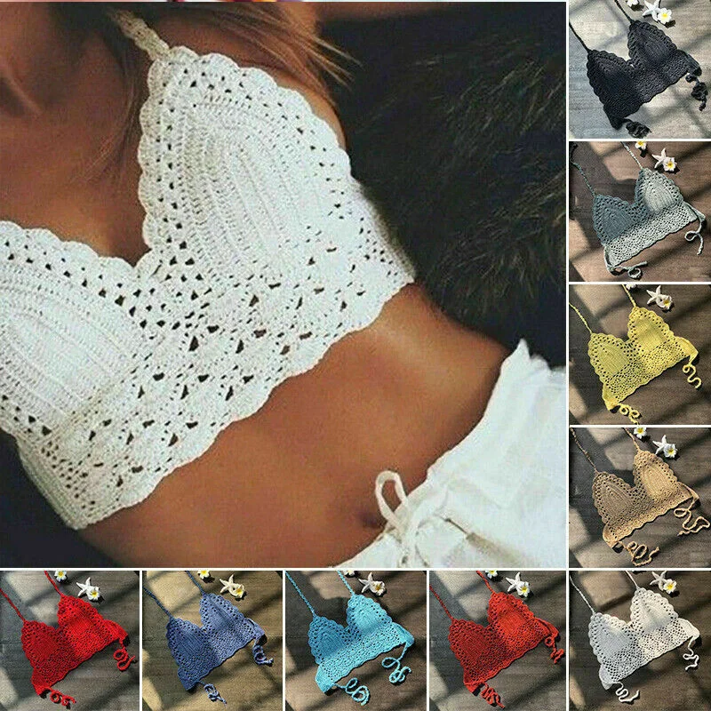 Crochet Lace Knit Bra | Crochet Knit Top | Boho Beach Camisoles | Crochet halter top | Crochet Bralette | Crochet Crop top | Bikini Crop Top Full coverage bikini, Comfortable, Modest, Trendy
