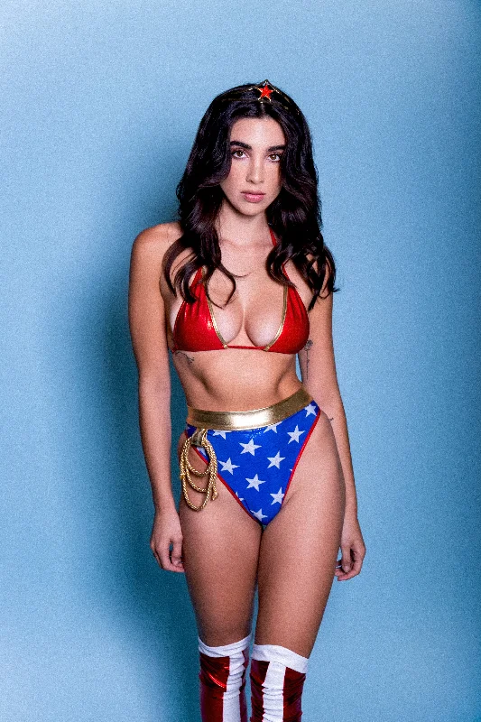 Star Superheroine Bikini Costume set with Thongback and Lasso Crisscross bikini top, Trendy, Sexy, Comfortable Star Superheroine Bikini Costume set with Thongback and Lasso Crisscross bikini top, Trendy, Sexy, Comfortable