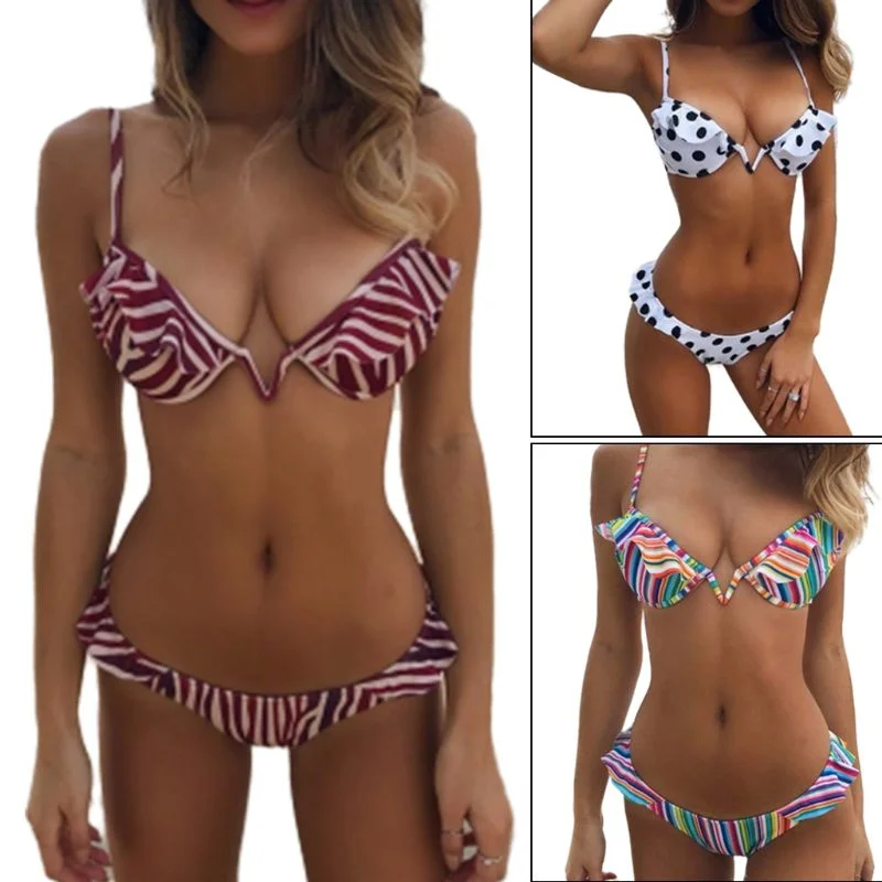 Women Sexy Two Piece Bikini Set Deep V-Neck Underwire Bra Low Waist Thong Pleated Ruffles Patchwork Boho Polka Dot Strip Printed Bikini with cutouts, Sexy, Trendy, Fashionable Women Sexy Two Piece Bikini Set Deep V-Neck Underwire Bra Low Waist Thong Pleated Ruffles Patchwork Boho Polka Dot Strip Printed Bikini with cutouts, Sexy, Trendy, Fashionable