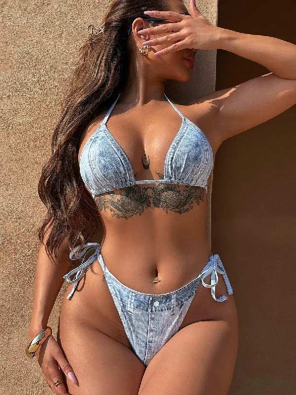 Women's Sexy Denim Print Bikini Set - Fashionable Beachwear Sporty two-piece, Athletic, Comfortable, Trendy Women's Sexy Denim Print Bikini Set - Fashionable Beachwear Sporty two-piece, Athletic, Comfortable, Trendy