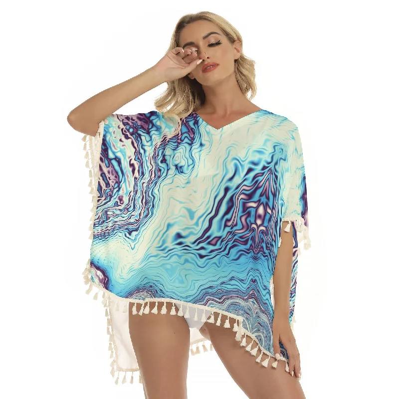 Abstract Aqua Blue Marble Liquid Print Women's Square Fringed Shawl, Bikini Cover Up High-neck bikini, Chic, Sexy, Swimwear Abstract Aqua Blue Marble Liquid Print Women's Square Fringed Shawl, Bikini Cover Up High-neck bikini, Chic, Sexy, Swimwear