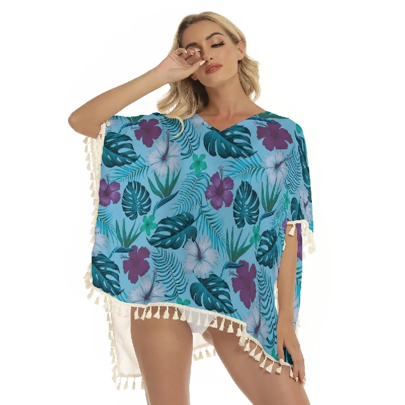 Blue Floral Flowers Monstera Leaf Tropical Print Women's Square Fringed Shawl, Bikini Cover Up High-leg bikini bottom, Sexy, Vintage style, Trendy Blue Floral Flowers Monstera Leaf Tropical Print Women's Square Fringed Shawl, Bikini Cover Up High-leg bikini bottom, Sexy, Vintage style, Trendy